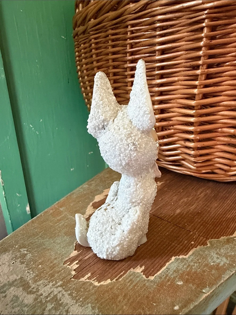 Vtg Anthropomoric White Christmas SNOW Reindeer W Gold Bell PINK CRYSTAL FLOWERS